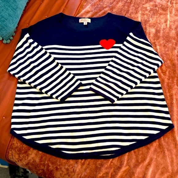 Philosophy Sweaters - PHILOSOPHY White Navy Blue Striped Red Heart Pullover Knit Sweater 1X